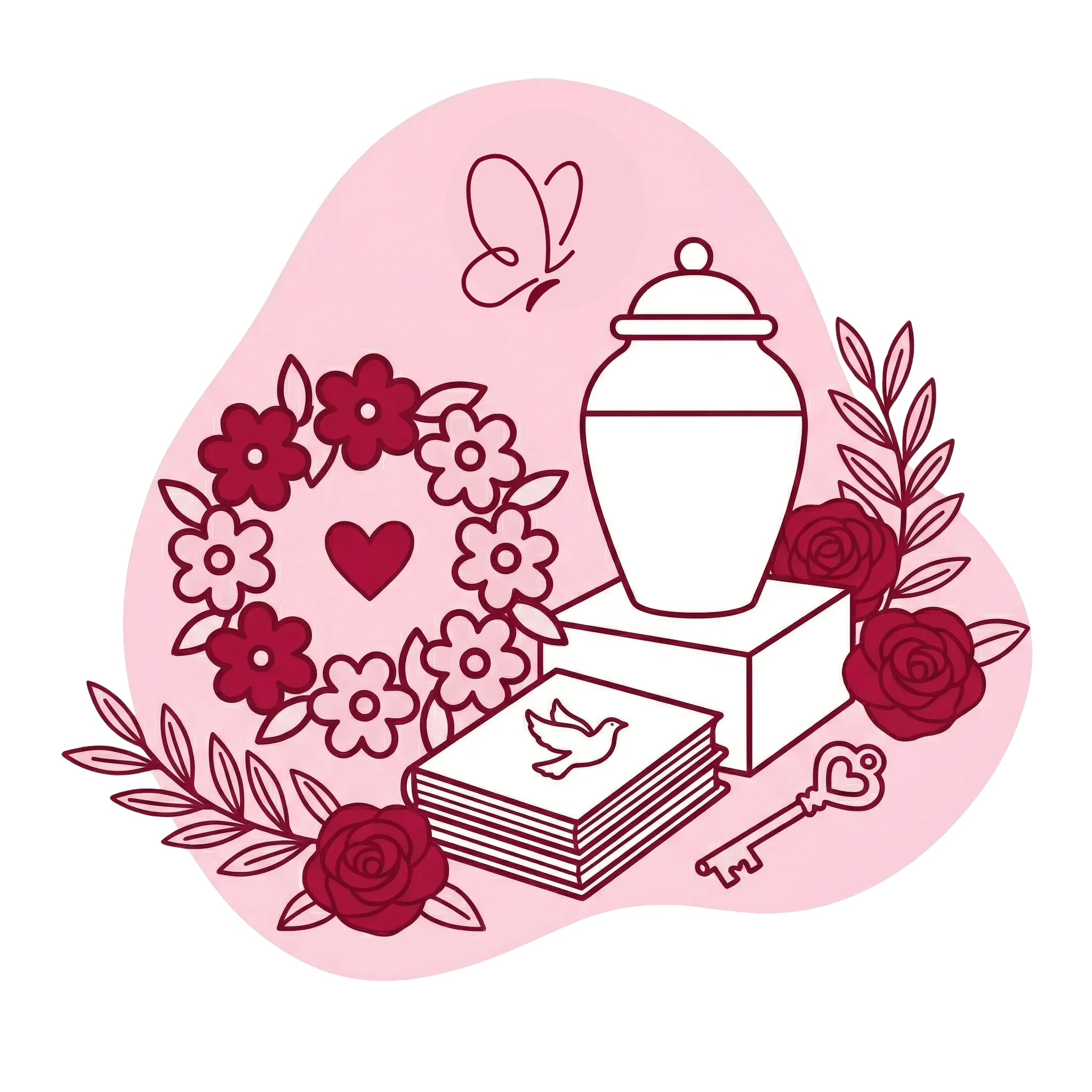 Illustration d'une urne funéraire avec couronne de fleurs et livre de condoléances.