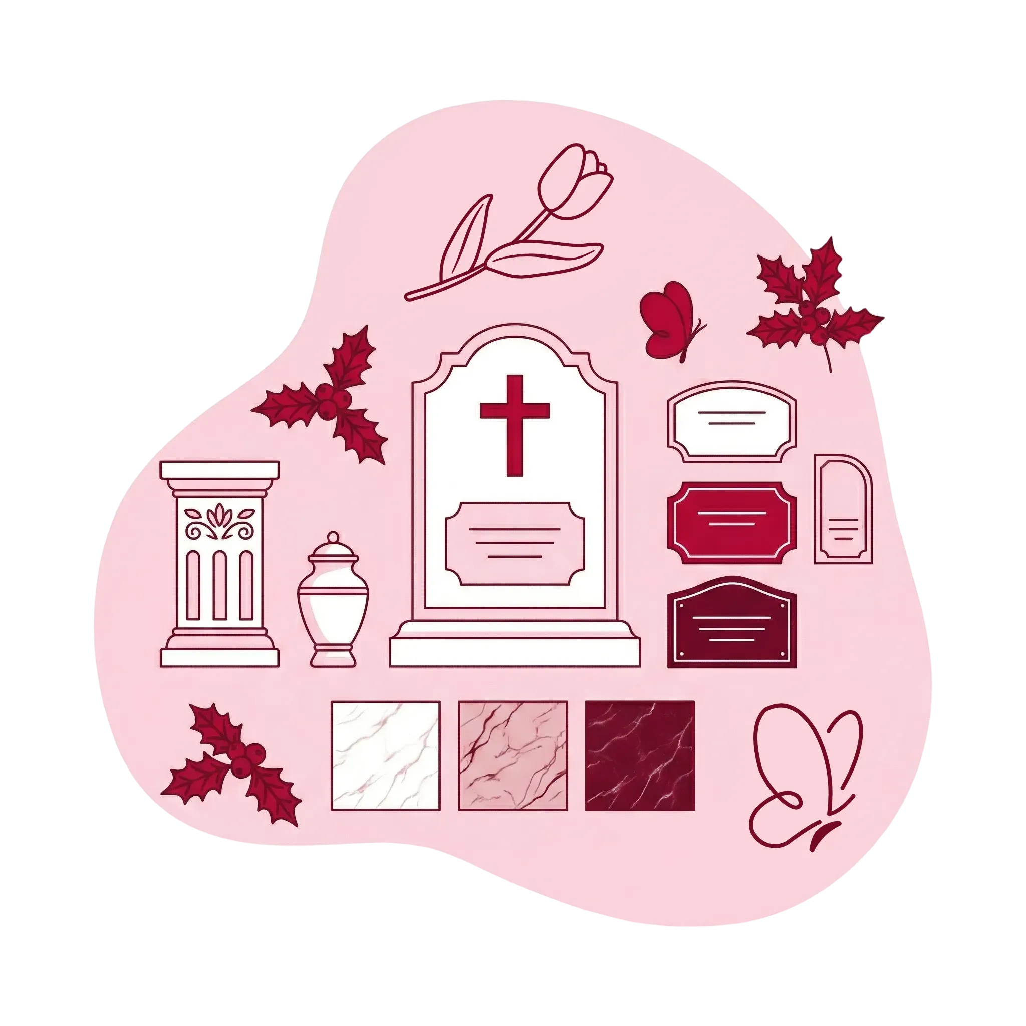 Illustration comprenant stèle, urne funéraire, plaques et motifs marbrés.