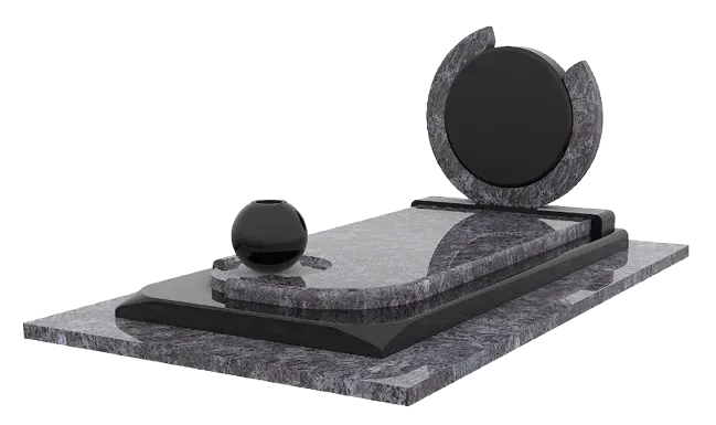 Monument funéraire moderne en granit gris foncé avec stèle circulaire.