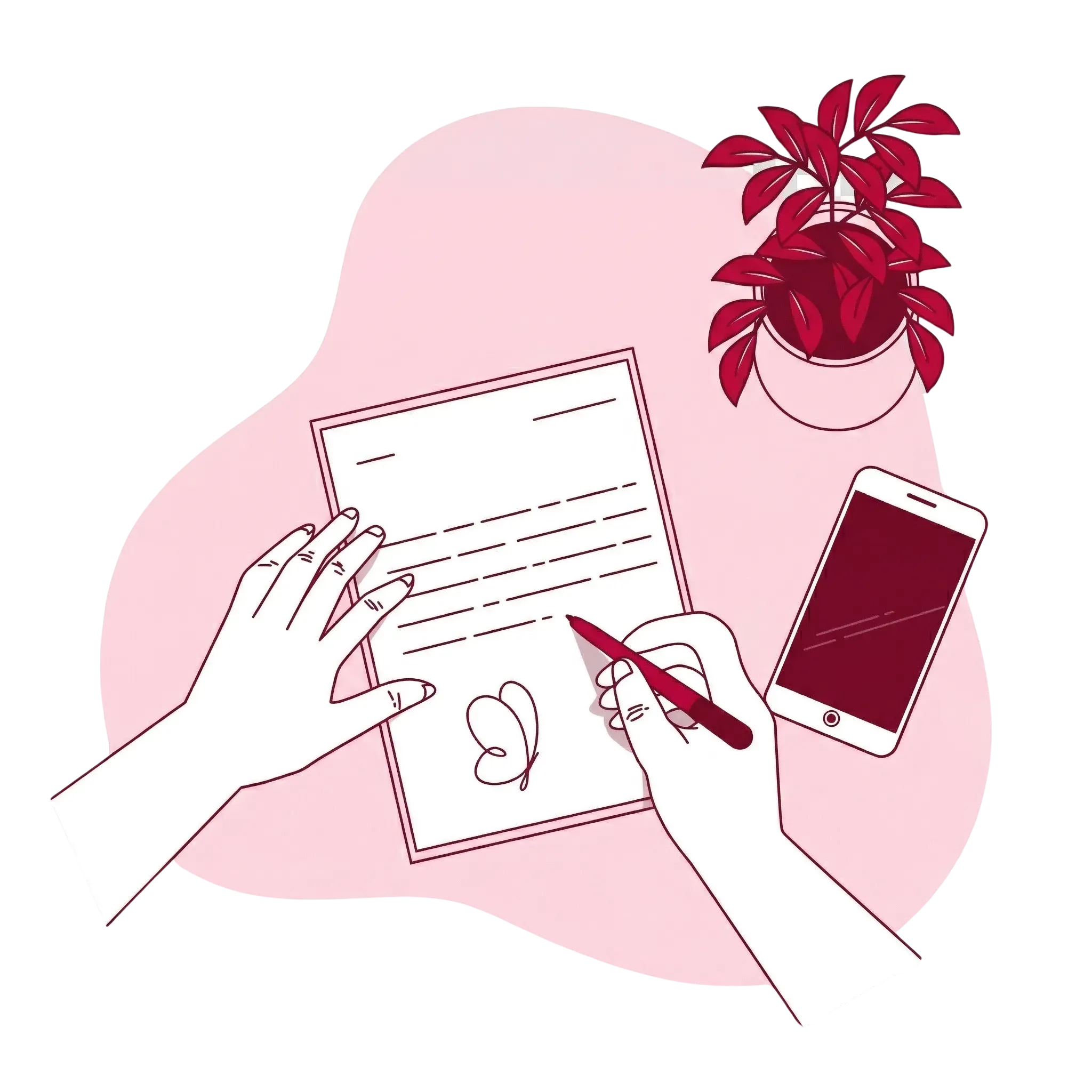 Illustration stylisée de mains rédigeant un document de prévoyance avec un stylo.