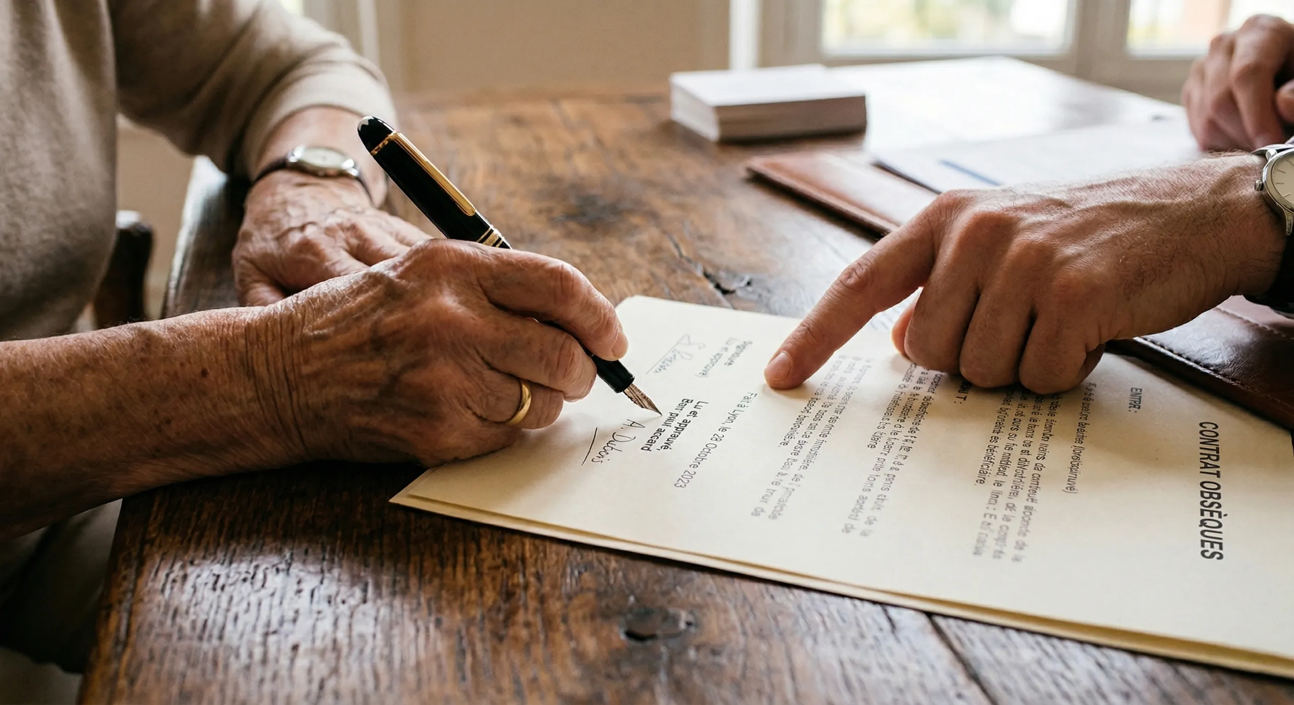 Signature d'un contrat d'obsèques avec un stylo plume sur une table en bois.